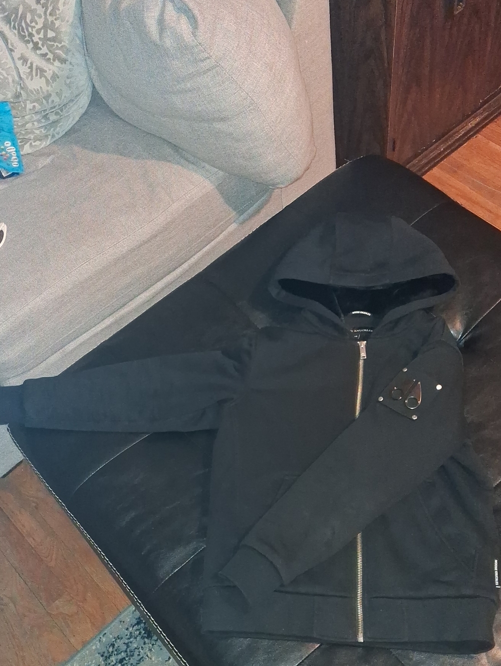 Moose Knuckles Black Hooded Zip-Up Jacket with Sleeve Patch
